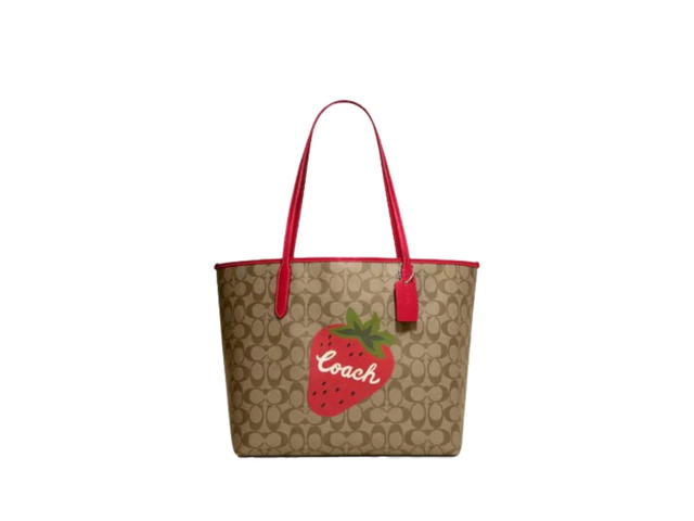 Coach Coach City Tote In Signature Canvas With Wild Strawberry Khaki Electric Red - view 1