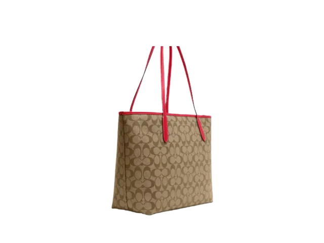 Coach Coach City Tote In Signature Canvas With Wild Strawberry Khaki Electric Red - view 2