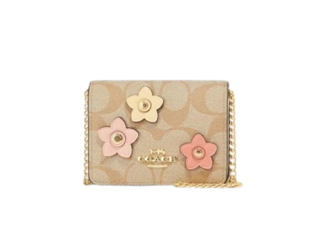 Coach Coach Mini Wallet On A Chain In Signature Canvas With Floral Applique Light Khaki - view 1