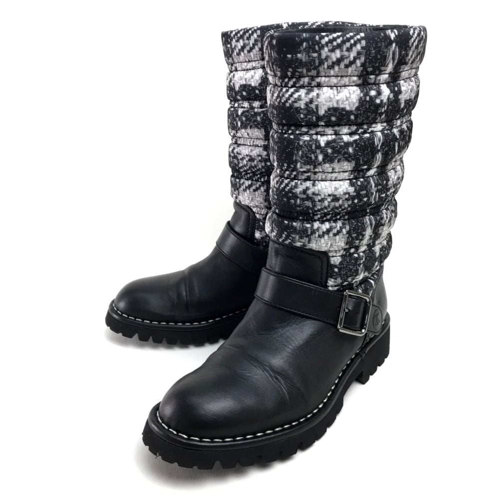 Chanel CHANEL 13B Snow Boots Tweed Pattern Shoes with belt Long Boots G29477