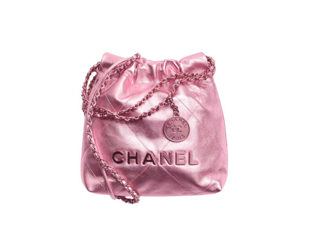 Chanel Chanel 23 Mini Handbag In Metallic Lambskin With Lacquered Metal Pink Hardware
