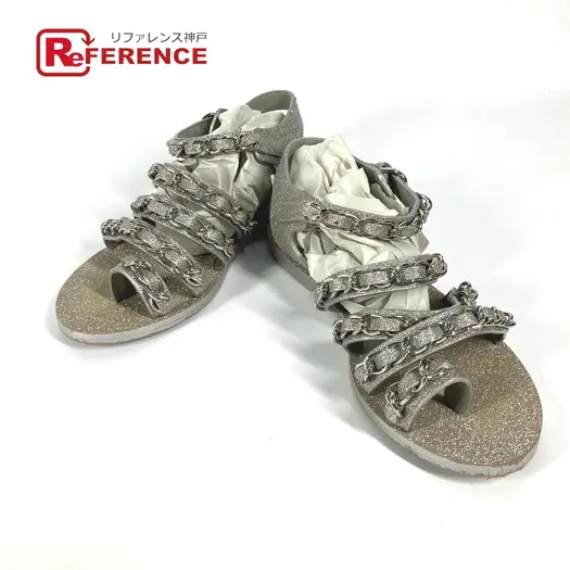 Buy CHANEL 5-Ring Chain Shoes Flats Glitter Sandals Leather GoldBased/SilverBased at Sasom – Authentic and Ready to Ship
