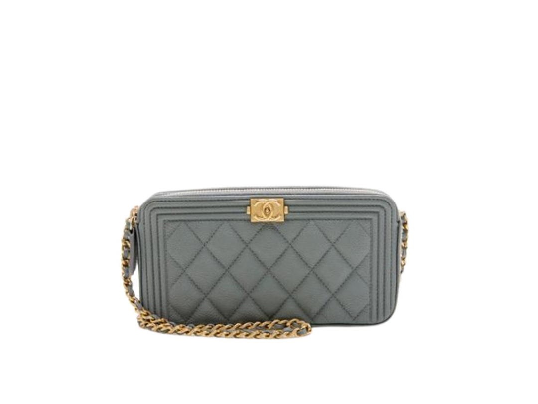 Chanel Chanel Boy Clutch With Chain In Grained Calfskin With Gold-Tone Metal Grey