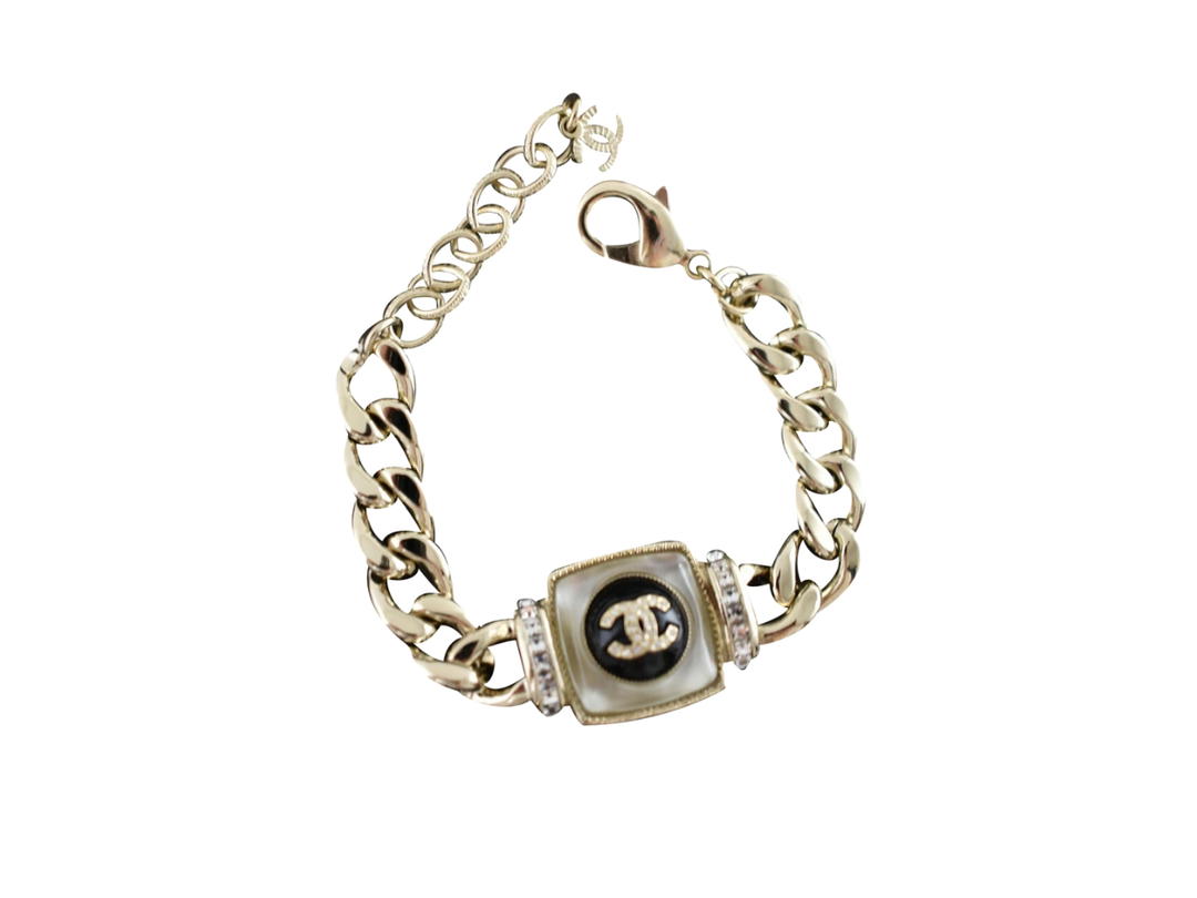 Chanel Chanel Brascelet In Cuban Chain Link Pearly With White Crystal CC Wrap Arm Cuff Gold