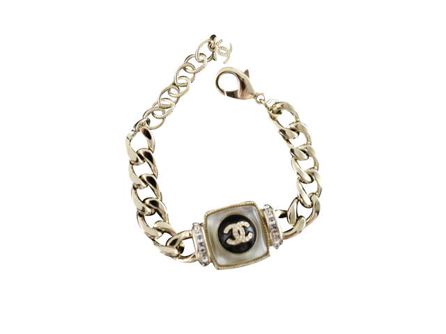 Chanel Chanel Brascelet In Cuban Chain Link Pearly With White Crystal CC Wrap Arm Cuff Gold - view 1