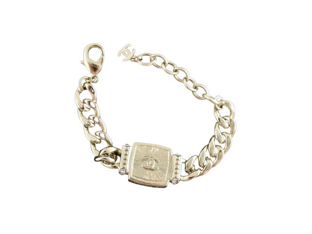 Chanel Chanel Brascelet In Cuban Chain Link Pearly With White Crystal CC Wrap Arm Cuff Gold - view 2