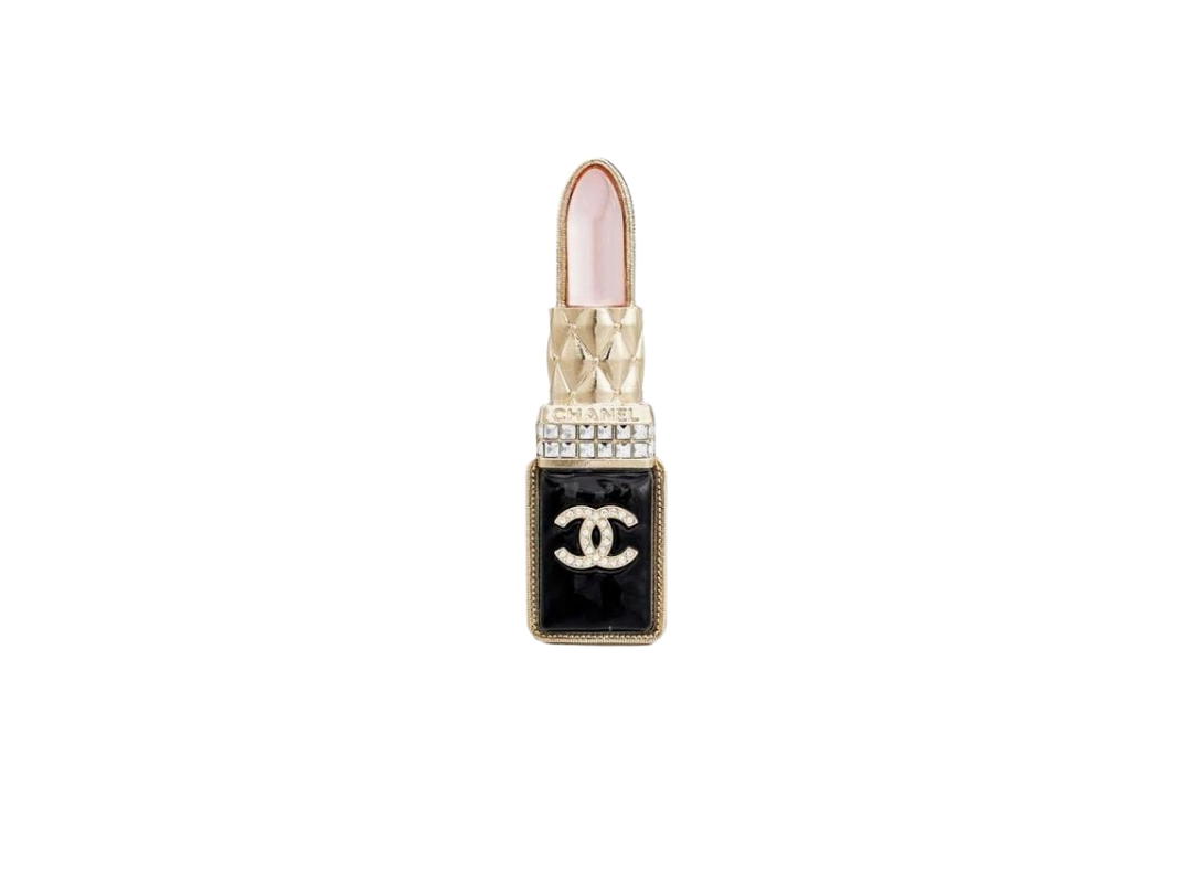 Chanel Chanel Brooch In Lipstick Shape Metal Glass Strass-Gold Hardware Black-Pearly Pink-Crystal