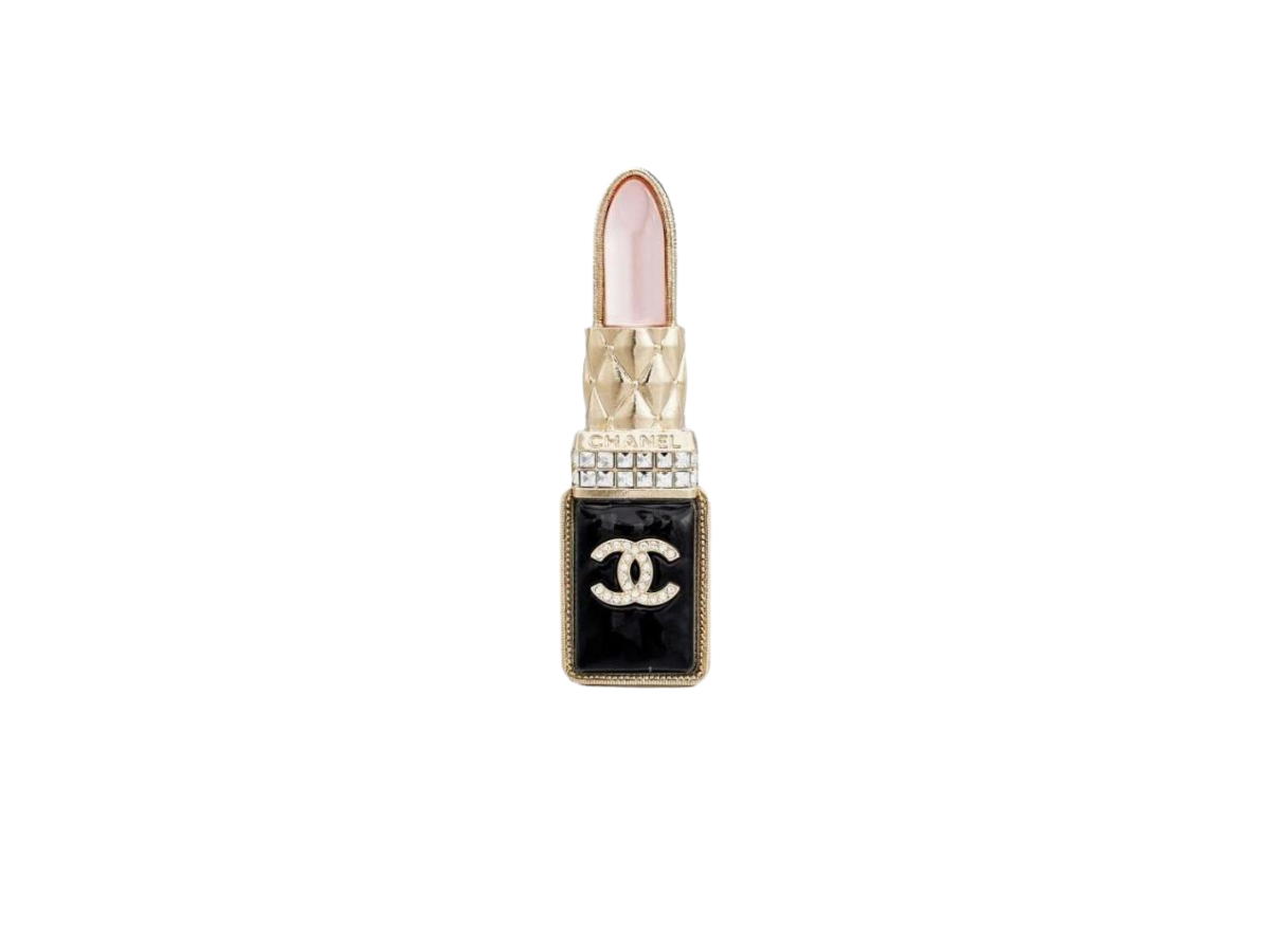 Chanel Chanel Brooch In Lipstick Shape Metal Glass Strass-Gold Hardware Black-Pearly Pink-Crystal