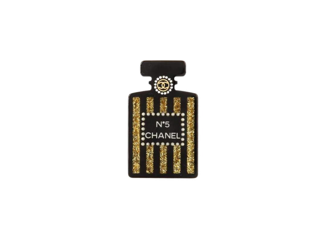 Chanel Chanel Brooch In Number 5 Perfume Bottle Shape Metal-Glass-Strass Gold-Black