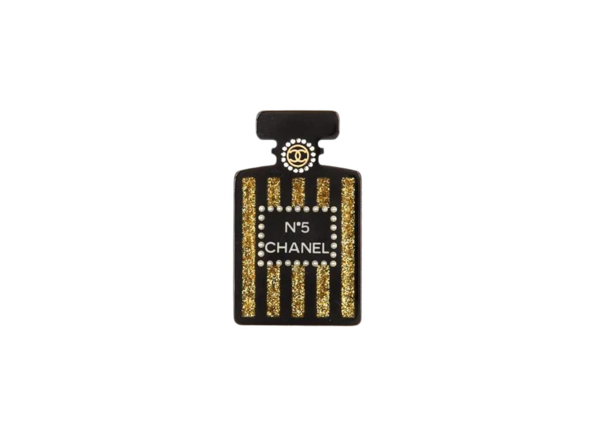 Chanel Chanel Brooch In Number 5 Perfume Bottle Shape Metal-Glass-Strass Gold-Black