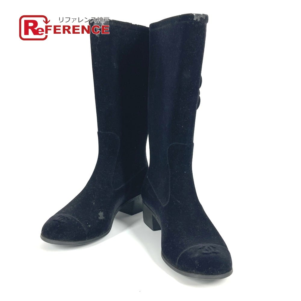 Chanel CHANEL Camellia CC CC Mark logo Rain long boots shoes Rain shoes Velor Black