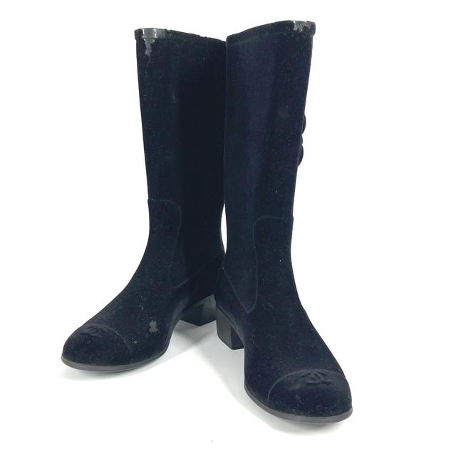 Chanel CHANEL Camellia CC CC Mark logo Rain long boots shoes Rain shoes Velor Black - view 2