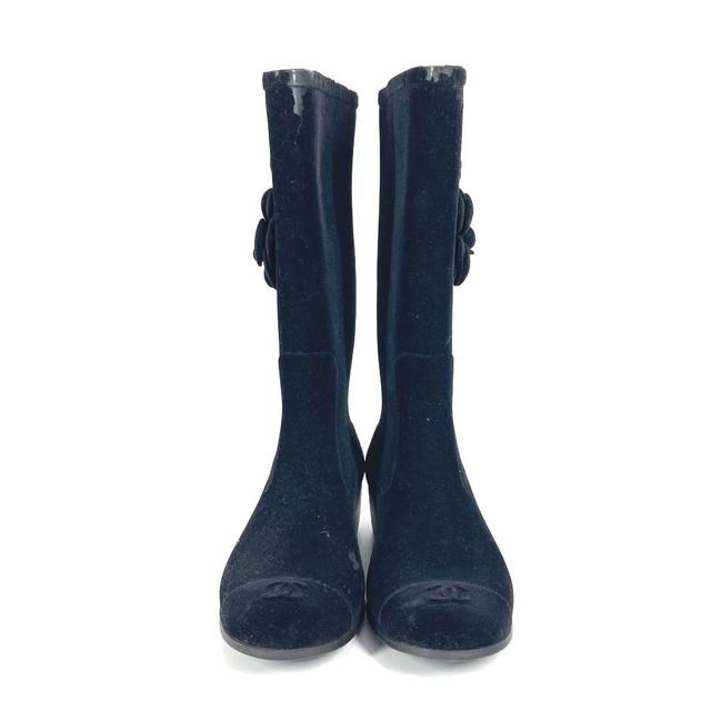 Chanel CHANEL Camellia CC CC Mark logo Rain long boots shoes Rain shoes Velor Black - view 3
