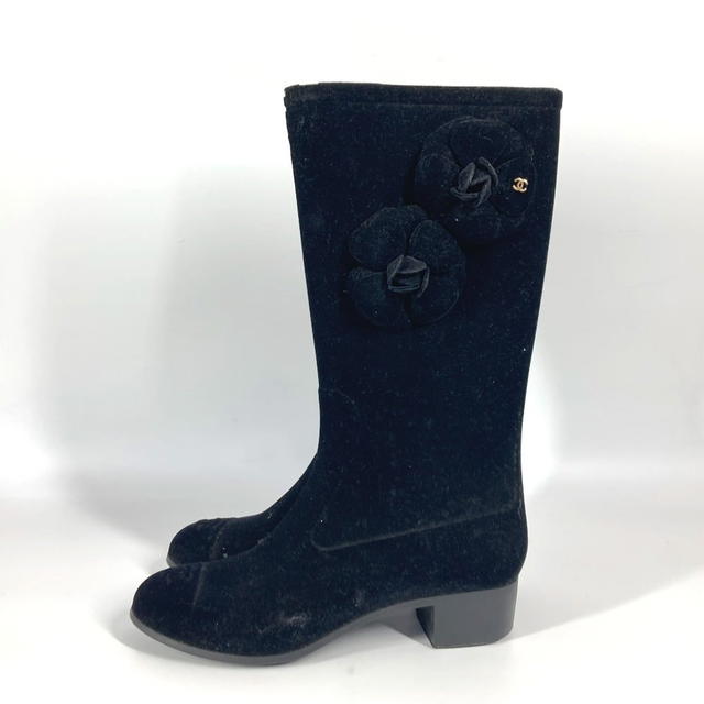 Chanel CHANEL Camellia CC CC Mark logo Rain long boots shoes Rain shoes Velor Black - view 4