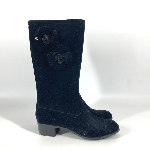 Chanel CHANEL Camellia CC CC Mark logo Rain long boots shoes Rain shoes Velor Black - view 5