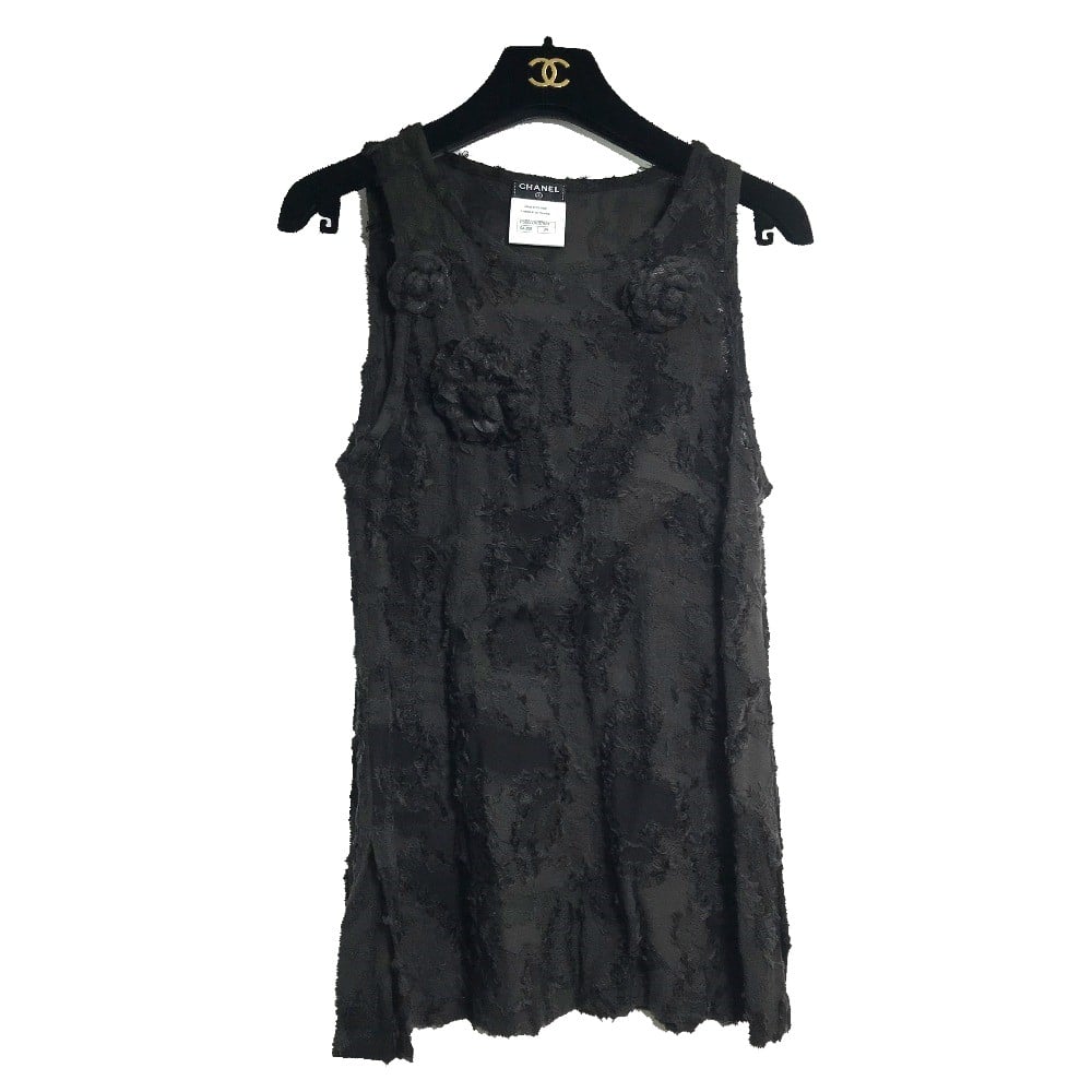 Chanel CHANEL Camellia motif Sleeveless Top camisole Dress Black 34