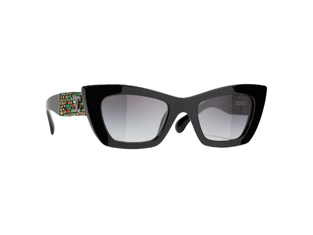 Chanel Chanel Cat Eye Sunglasses In Green-Red Acetate-Tweed-Diamanté With Grey-Gradient Lenses