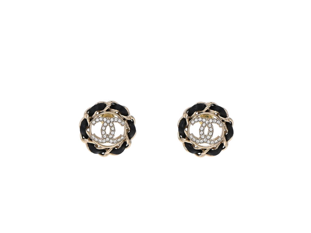 Chanel Chanel CC Crystal Stud Earrings In Lambskin Chain Black Gold