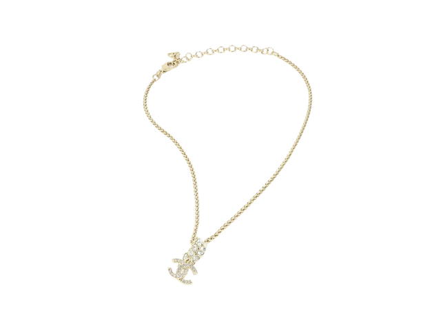 Chanel Chanel CC Logo Metal Inlaid Rhinestone Leaf Buckle Necklace In Gold With Crystals - view 2