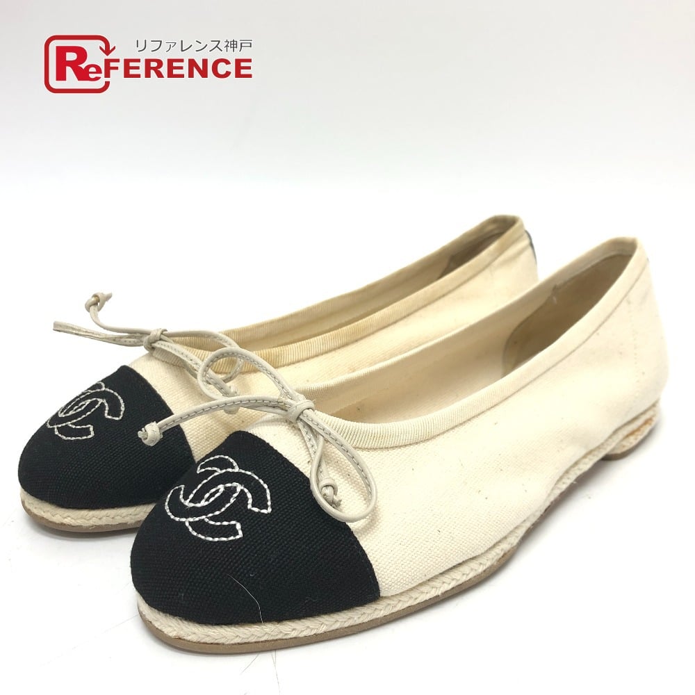 Chanel CHANEL CC Mark Espado Ribbon Bicolor Flat Shoes pumps Canvas White/Black