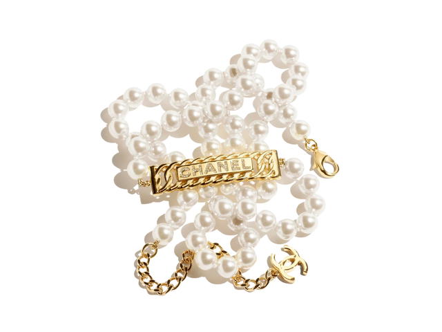 Chanel Chanel Chain Belt In Square Chain Lettering Metal-Glass Pearls-Diamantés With Gold-Pearly White-Crystal - view 2