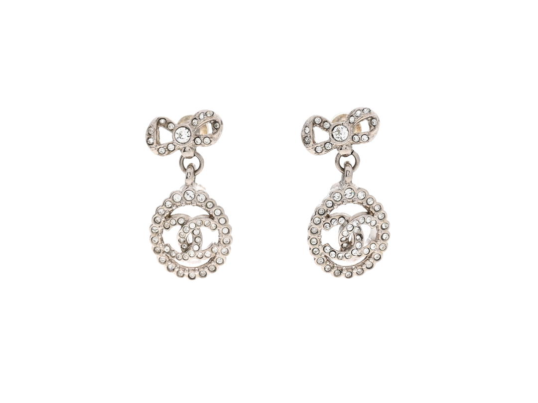 Chanel Chanel Crystal CC Bow Round Drop Earrings In Silver