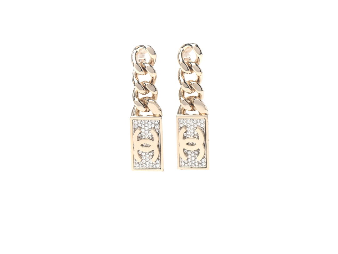 Chanel Chanel Crystal Dog Tag Charm Clip On Earrings Gold In Gold Metal With Crystal