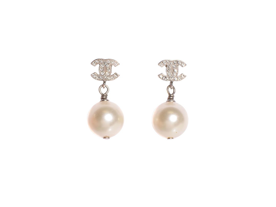 Chanel Chanel Crystal Pearl CC Drop Earrings Silver