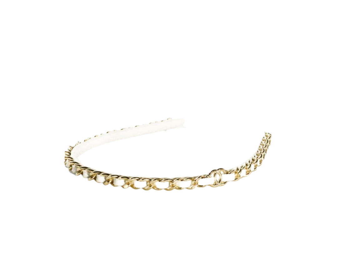 Chanel Chanel Headband In Calfskin With Gold Metal White