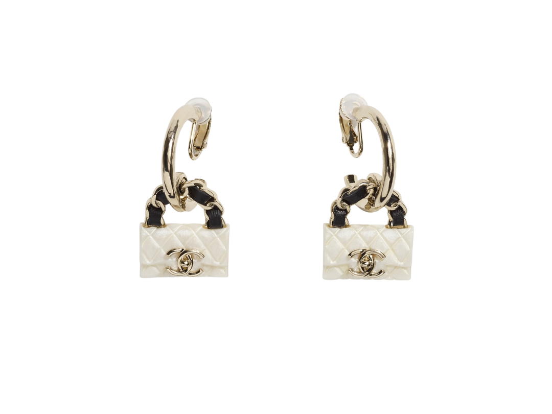 Chanel Chanel Hoop Earrings In Resin And Calfskin With Gold-Pearly White Black