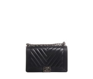Chanel Medium Boy Flap In Calfskin Chevron With Dark Silver Hardware Black