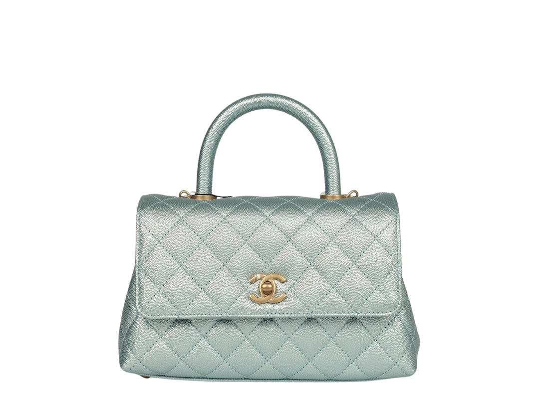Chanel Chanel Mini Coco Flap Bag With Top Handle In Caviar Quilted Calfskin Leather With Gold Hardware Light Blue