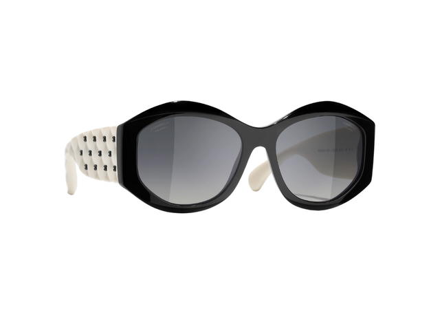 Chanel Chanel Oval Sunglasses In Black-White Acetate Frame With Mirror Lenses - view 1