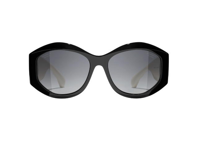 Chanel Chanel Oval Sunglasses In Black-White Acetate Frame With Mirror Lenses - view 2