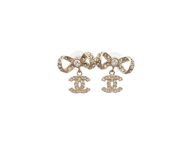 Chanel Chanel Ribbon Bow CC Piercing Earrings In Light Gold Metal With Crystal - view 1