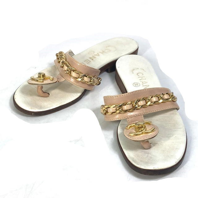 Chanel CHANEL shoes flat tongs CC Mark turn lock Chain Sandals Leather White/Beige - view 1