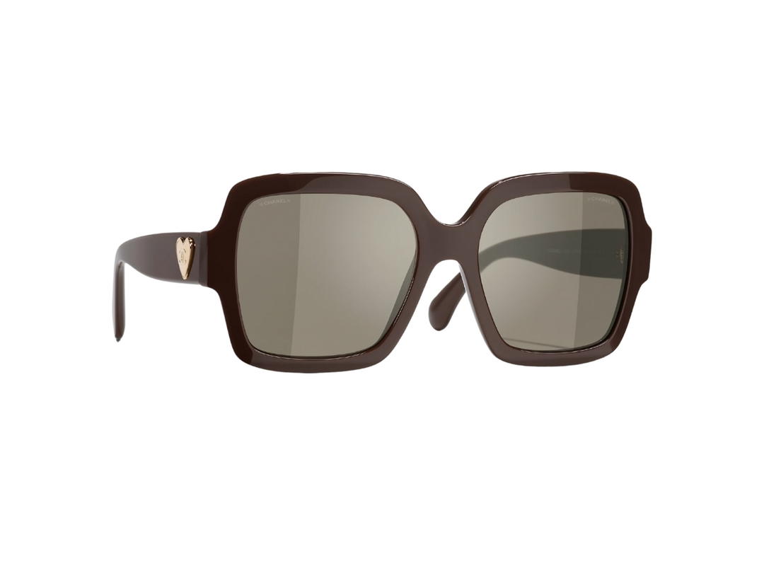 Chanel Chanel Square Sunglasses In Brown Acetate Frame-Gold Heart CC Logo With Brown Lenses