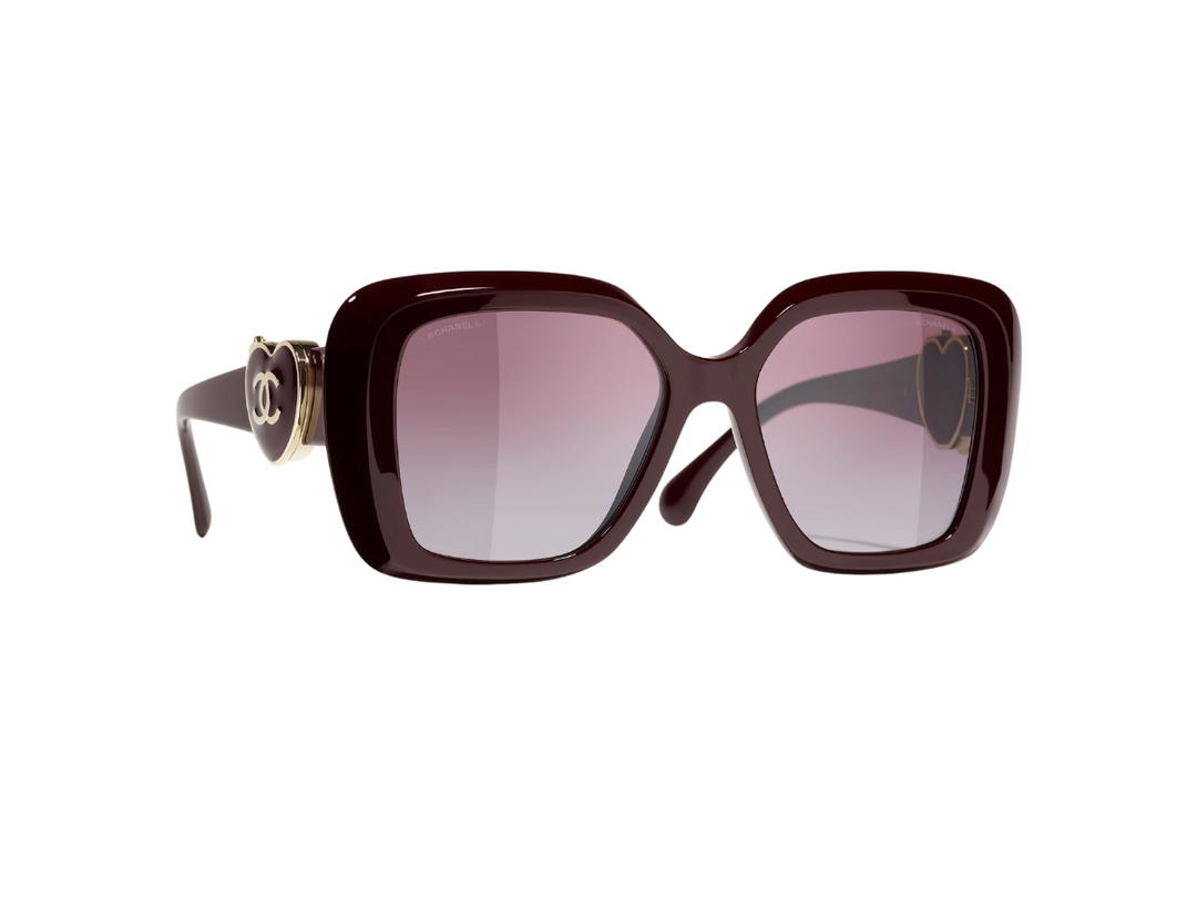 Chanel Chanel Square Sunglasses In Burgundy Acetate Frame-Burgundy Heart CC Logo-Mirror Pocket With Mirror Lenses
