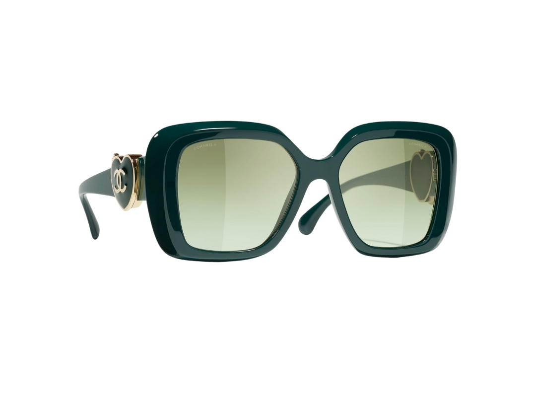 Chanel Chanel Square Sunglasses In Green Acetate Frame-Green Heart CC Logo-Mirror Pocket With Mirror Lenses
