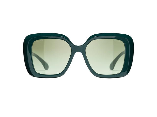 Chanel Chanel Square Sunglasses In Green Acetate Frame-Green Heart CC Logo-Mirror Pocket With Mirror Lenses - view 2