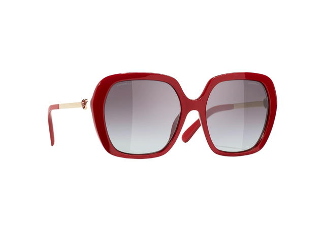 Chanel Chanel Square Sunglasses In Red-Gold Acetate-Metal Frame-Red Heart CC Logo With Mirror Lenses - view 1
