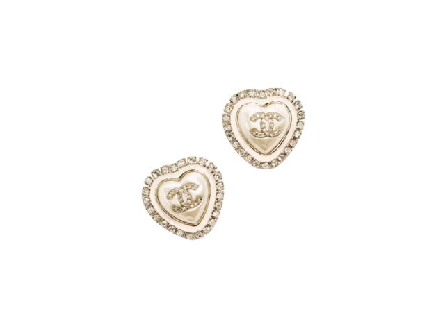 Chanel Chanel Stud Earrings In Heart CC Gold Metal Resin Glass Pearls-Diamantés Pearly White Crystal - view 1