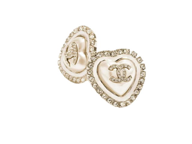 Chanel Chanel Stud Earrings In Heart CC Gold Metal Resin Glass Pearls-Diamantés Pearly White Crystal - view 2