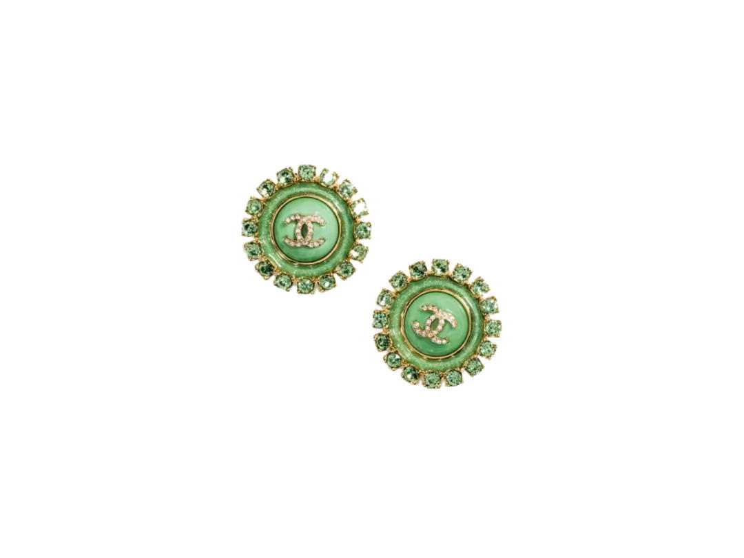 Chanel Chanel Stud Earrings In Oval CC Gold Metal Resin Glass Pearls-Diamantés With Green Crystal