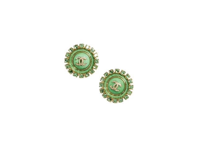 Chanel Chanel Stud Earrings In Oval CC Gold Metal Resin Glass Pearls-Diamantés With Green Crystal - view 1