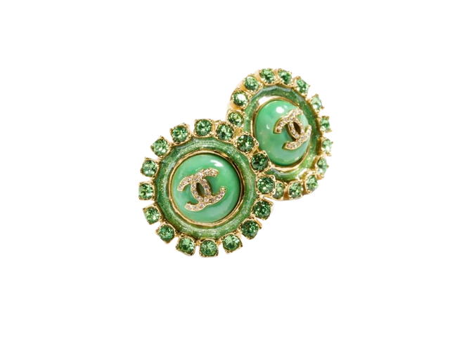 Chanel Chanel Stud Earrings In Oval CC Gold Metal Resin Glass Pearls-Diamantés With Green Crystal - view 2