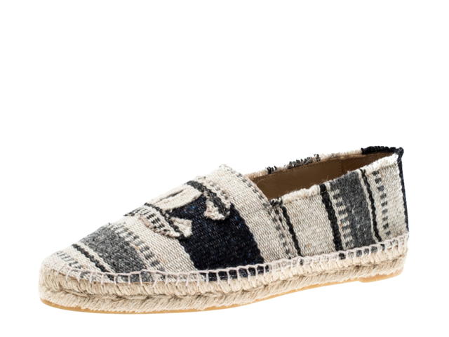 Chanel Chanel Tweed CC Espadrilles Canvas Striped Black Cream (W) - view 2