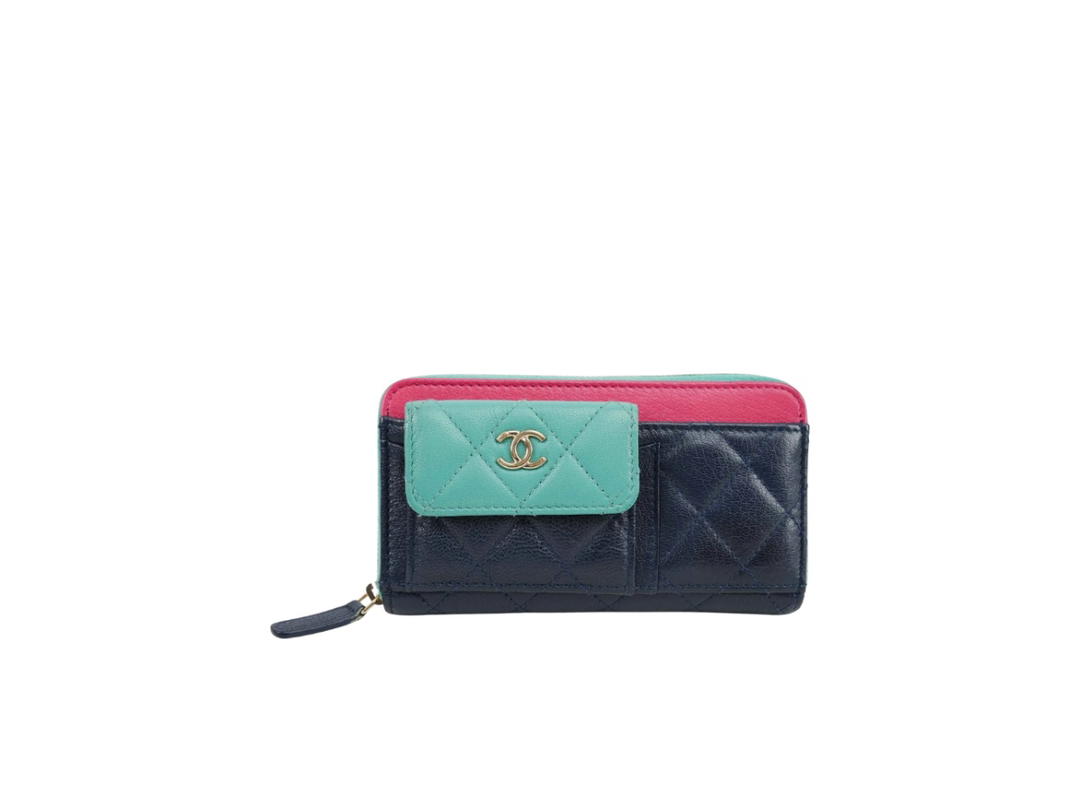 Chanel Chanel Cruise Quilted Calfskin Zip Wallet Navy Mint Fuchsia