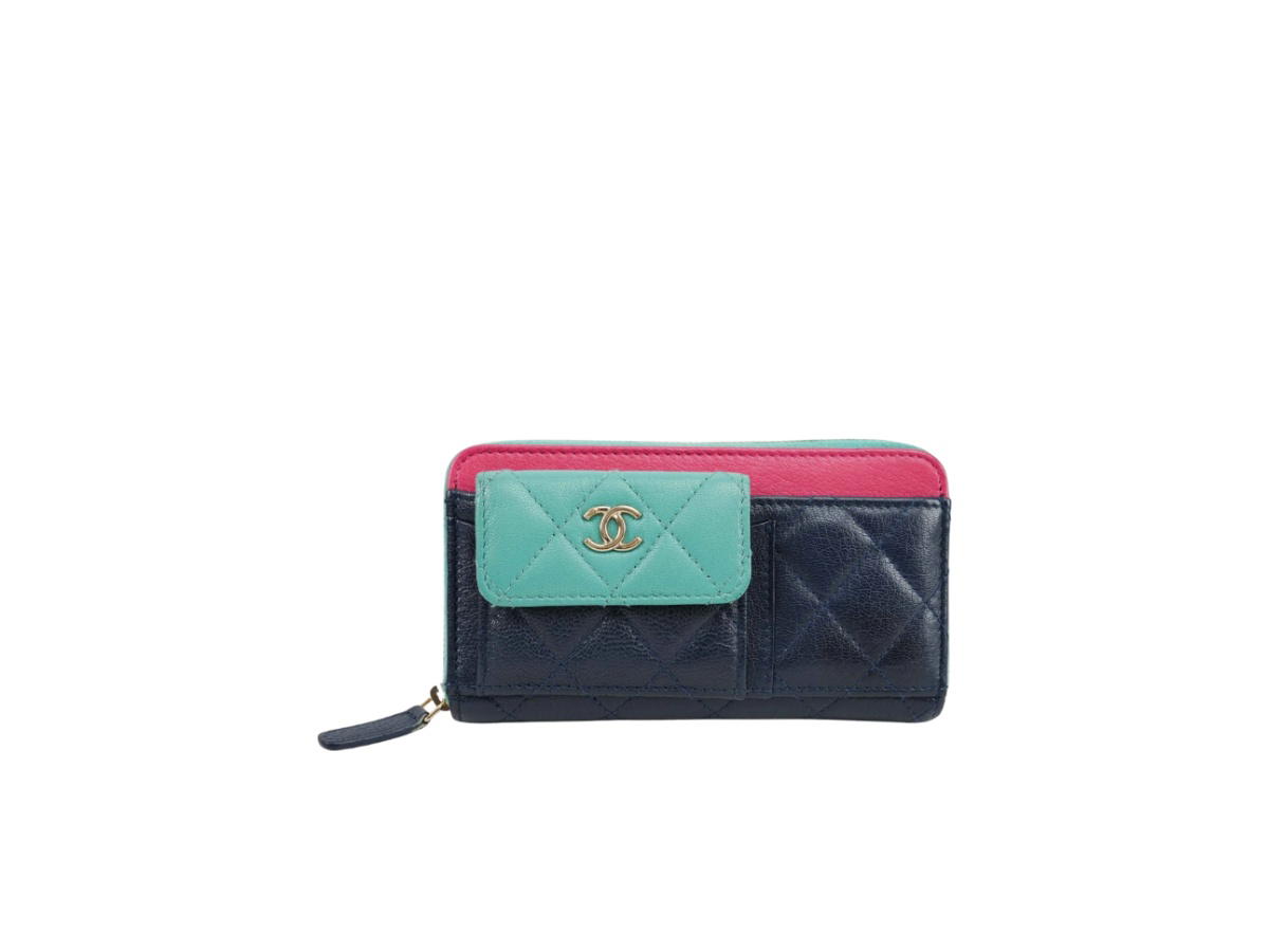 Chanel Chanel Cruise Quilted Calfskin Zip Wallet Navy Mint Fuchsia