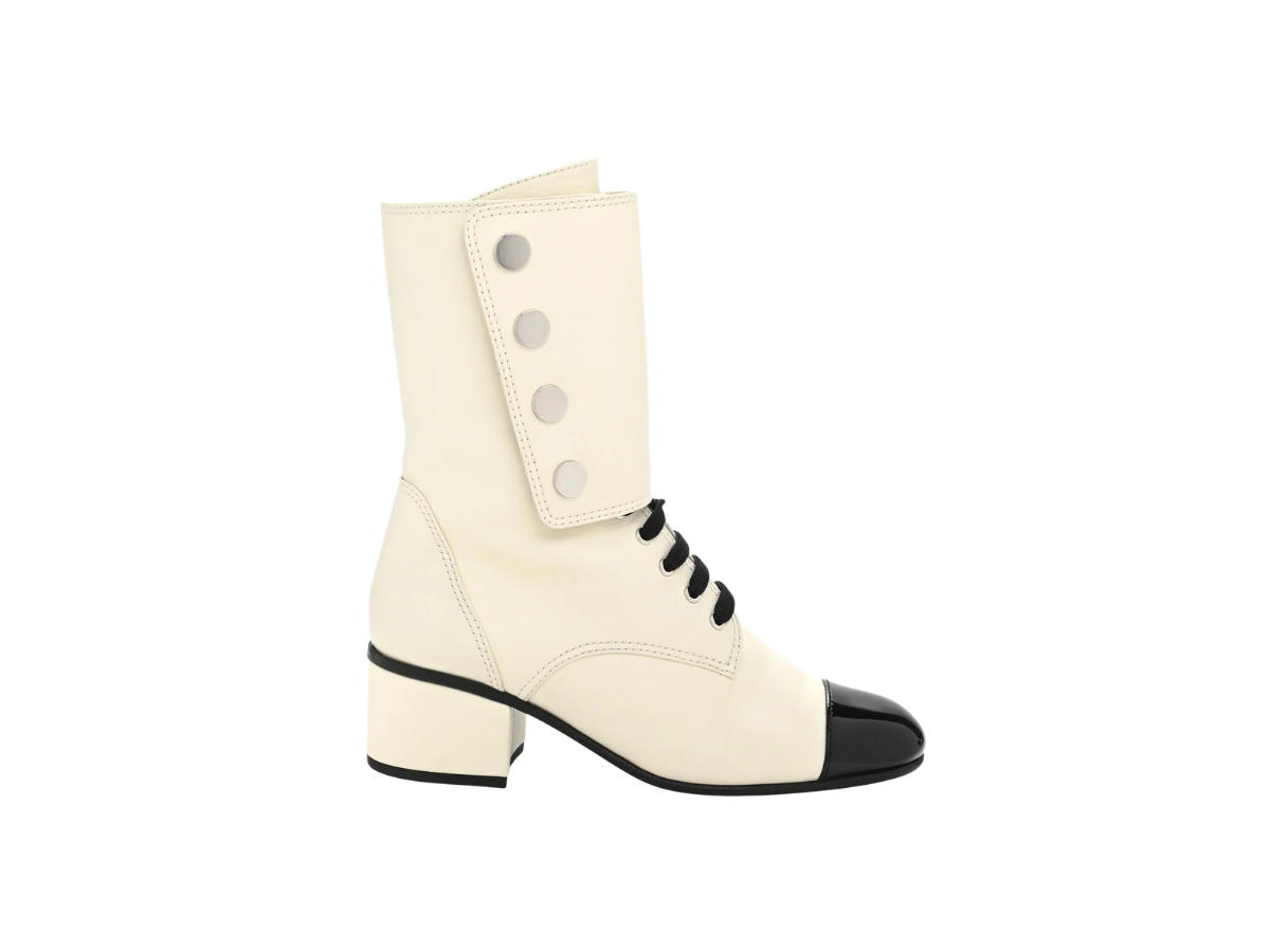 Chanel Chanel Patent Cap Toe CC Lace Up Boots Ivory